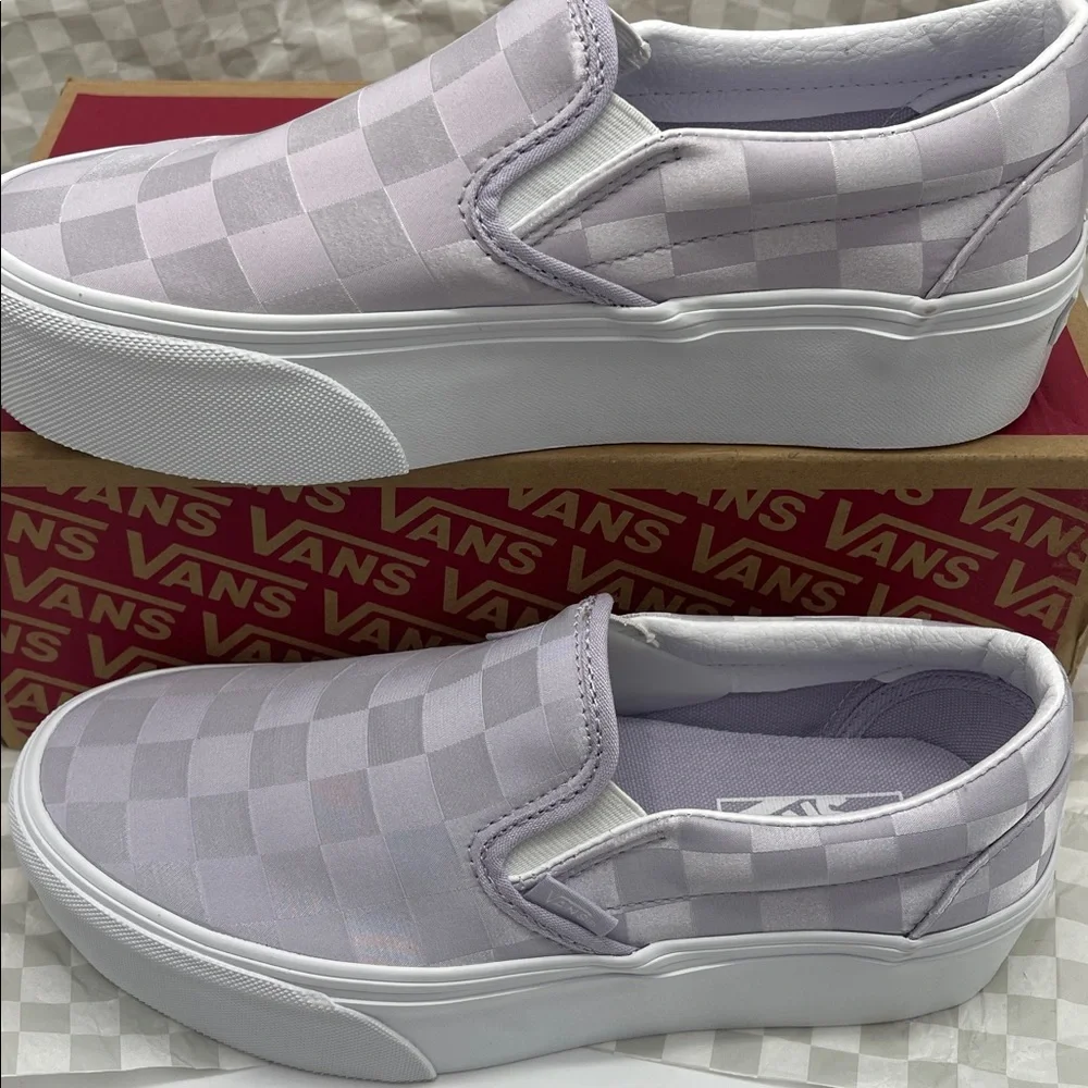 Vans Platform Sneakers Classic Slip-On Stackform Satin Checkerboard Lilac